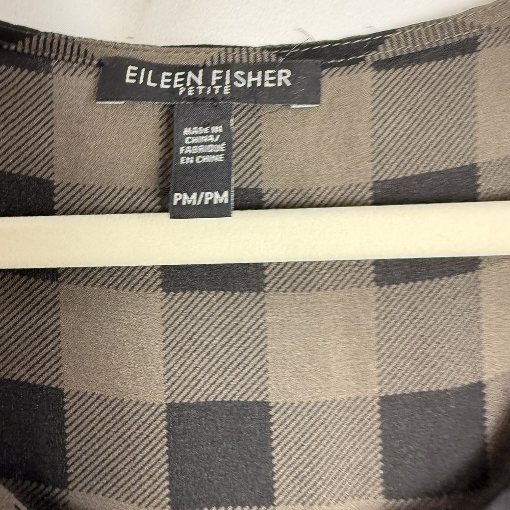 Eileen Fisher Petite M Gray Black Gingham Plaid Silk Mini Hi Low Tunic Dress - Picture 11 of 14